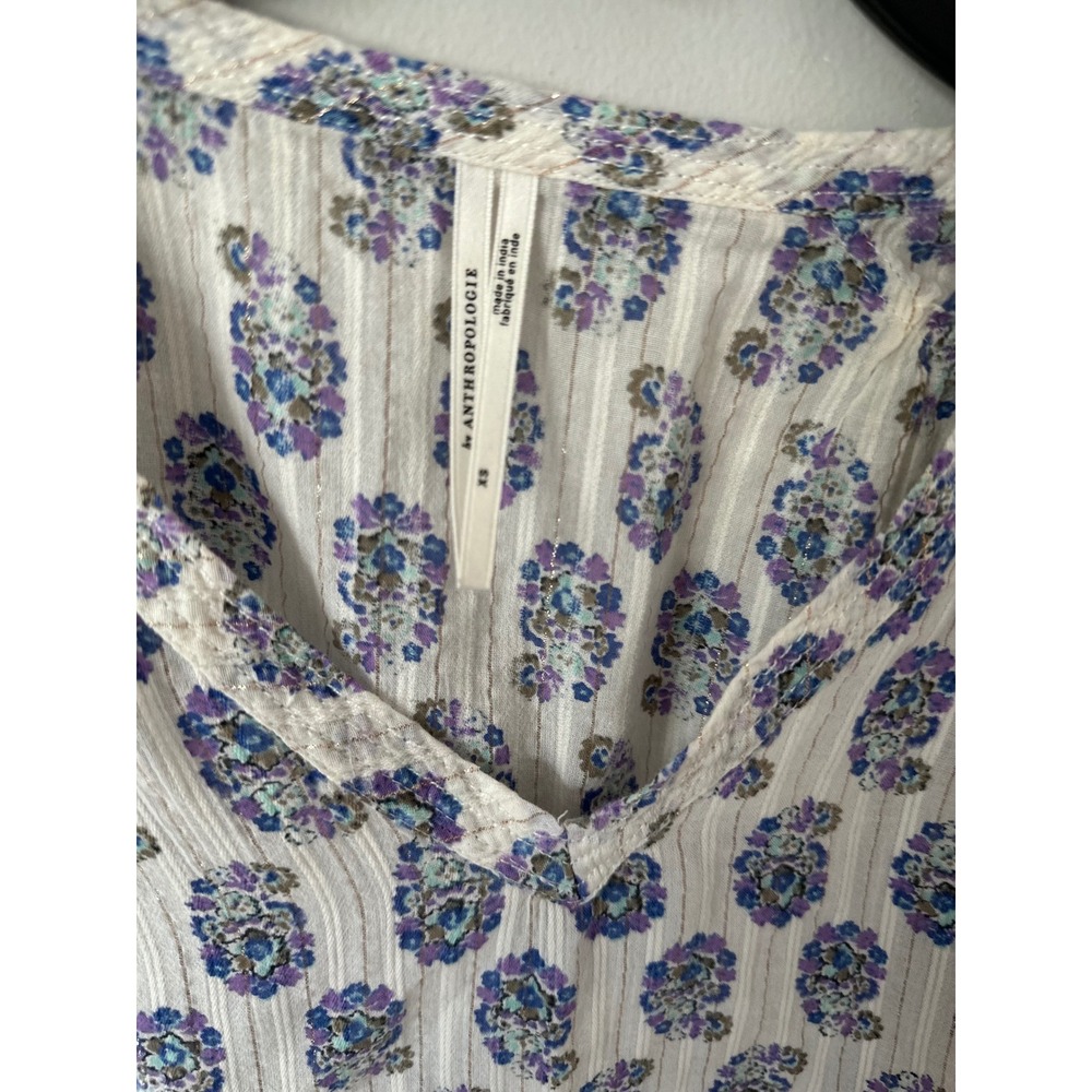 Anthropologie Blue Floral Tassel Tie Shoulder Metallic Stripe Blouse XS - Picture 4 of 9
